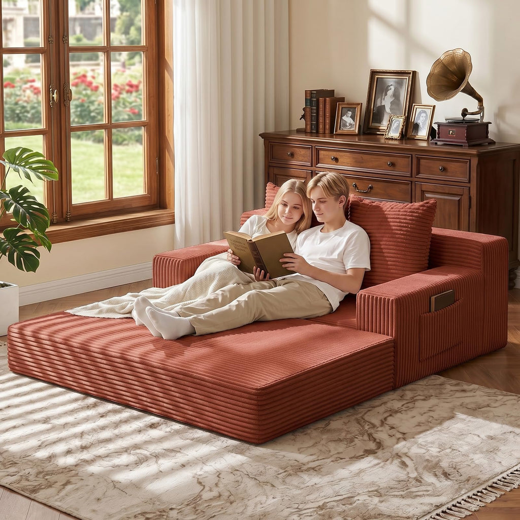 A011,2-in-1 Convertible Corduroy Boneless Sofa Bed, Compression Folding Floor Couch with 3 Pillows