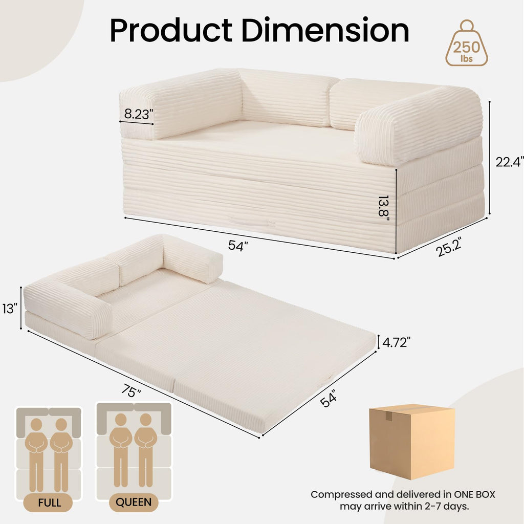 A-004,Erament Queen Tri-Fold Futon Sofa Bed, Removable Armrests & Washable Cover, High Density Foam