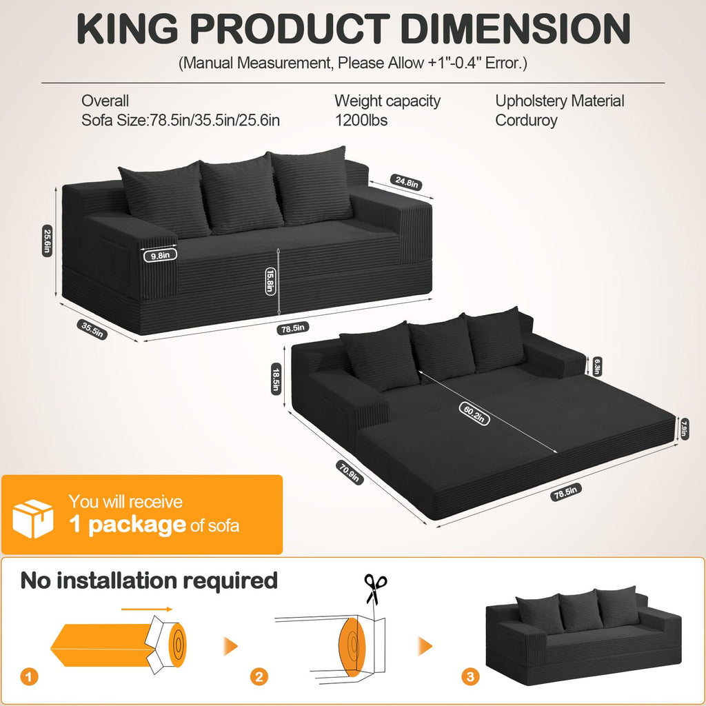 A05,Erament Convertible Corduroy Boneless Sofa Bed, Foldable Floor Futon Loveseat with 2 Pillows