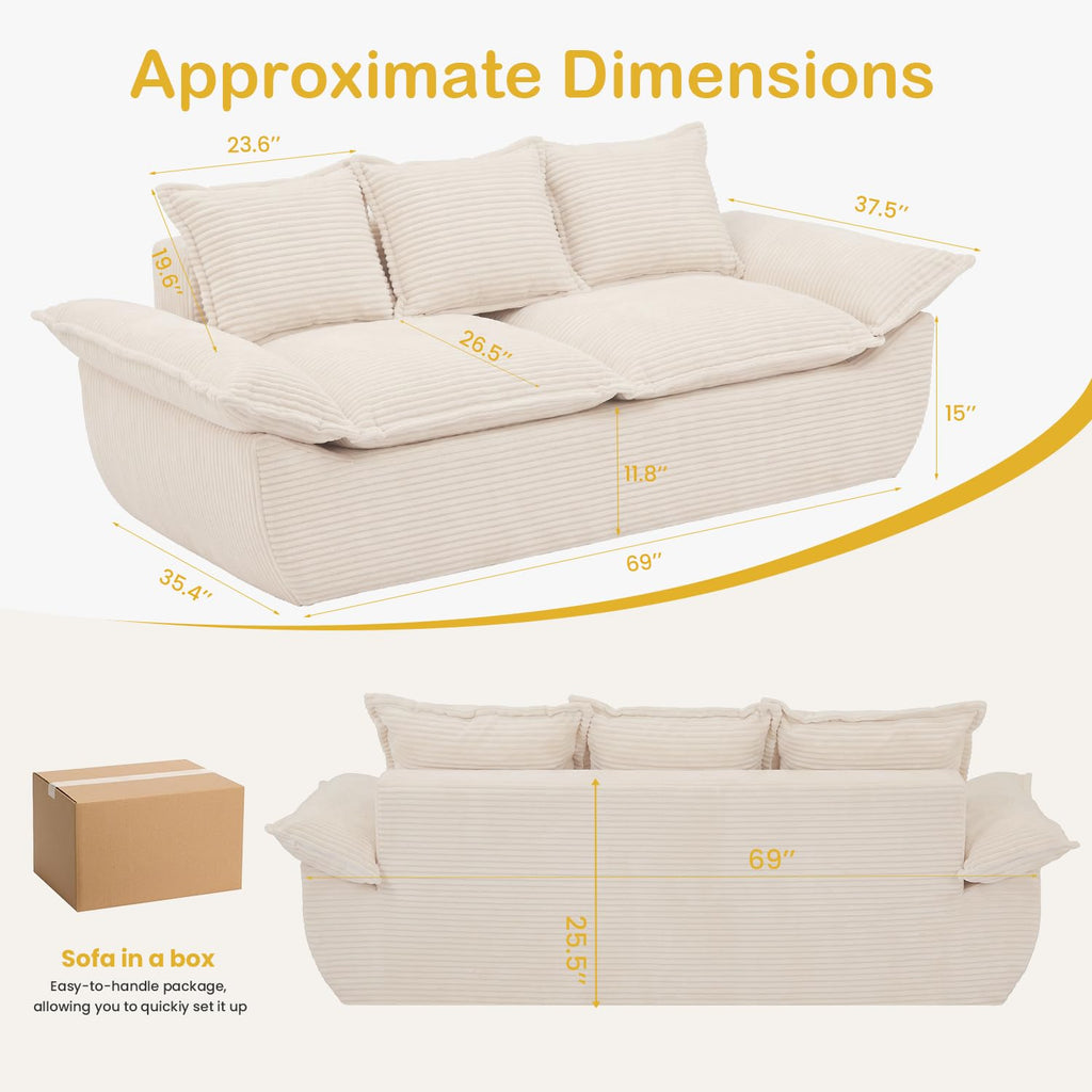 A12,56" 2-Seater Boneless Loveseat, Compressed Foam Couch with Removable Cushions and Pillows