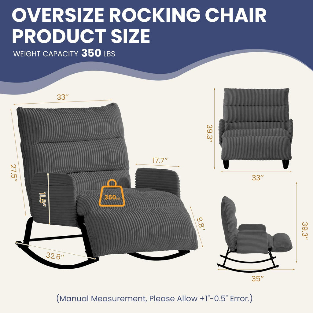 H02,Oversized Corduroy Rocking Chair, Adjustable Backrest & Footrest, Indoor Outdoor Lounge Chair