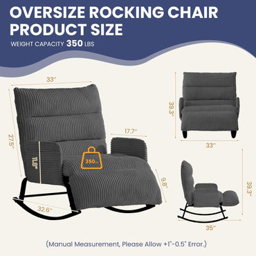 H02,Oversized Corduroy Rocking Chair, Adjustable Backrest & Footrest, Indoor Outdoor Lounge Chair