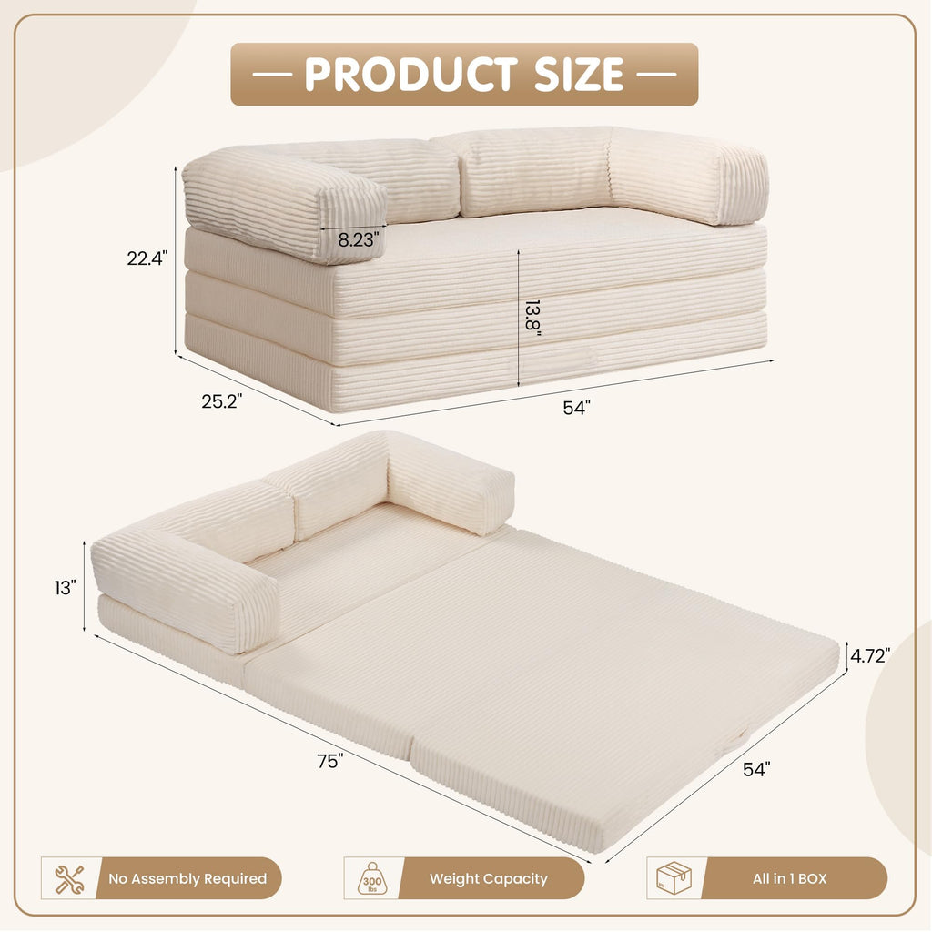 A-006,5-in-1 Convertible Folding Sofa Bed, Tri-Fold Corduroy Boneless Floor Futon with Removable L-Shaped Armrests