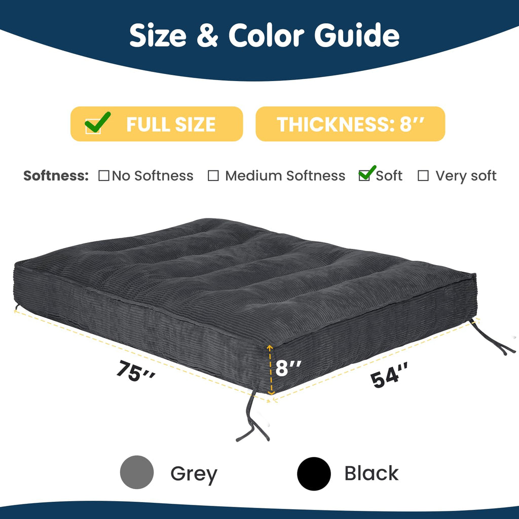 A-005,8" Twin Foldable Futon Mattress, Corduroy Floor Sofa Bed with High Resilience Foam & 2 Storage Straps