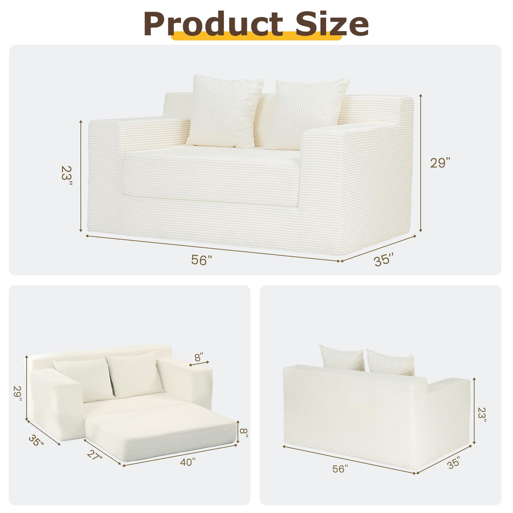A-007,5-in-1 Convertible Corduroy Boneless Loveseat Sofa Bed with Ottoman, No Assembly