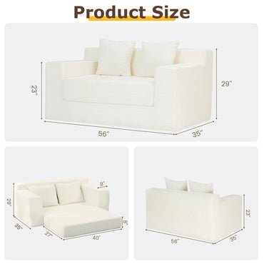 A-007,5-in-1 Convertible Corduroy Boneless Loveseat Sofa Bed with Ottoman, No Assembly