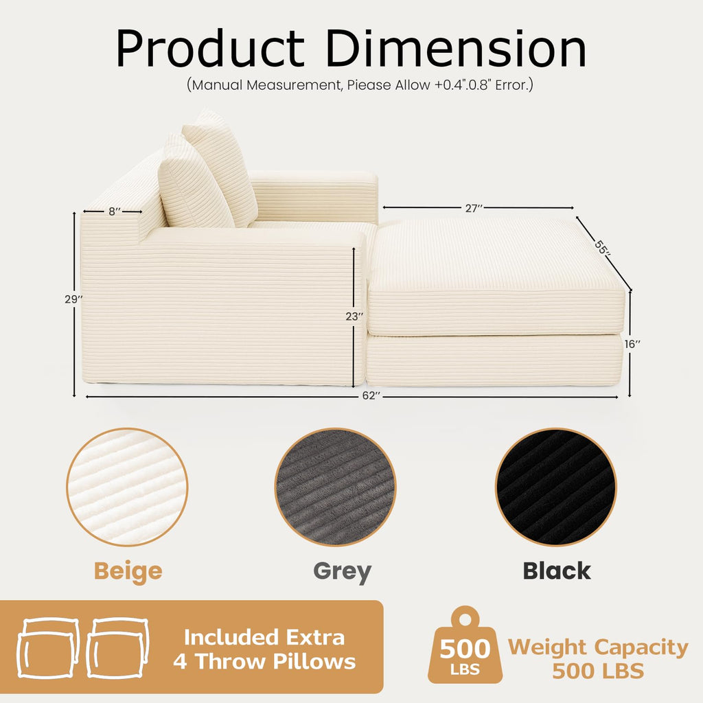 A-014,5 in 1 Corduroy Convertible Futon Sofa Bed with Ottoman, Foldable Chaise Lounge, No Assembly