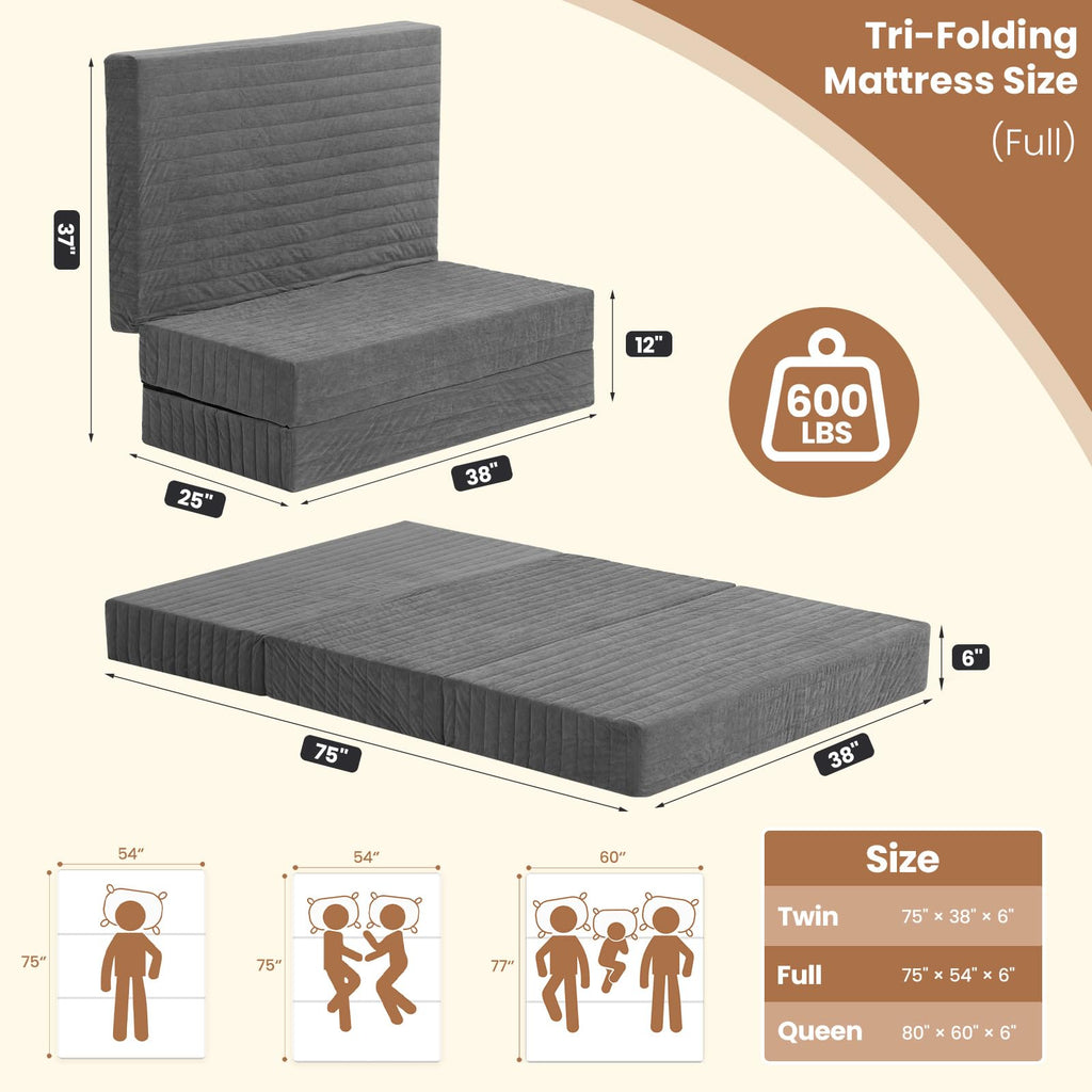 J01,Erament Twin 6" Tufted Tri-Fold Mattress, Portable Foam Floor Guest Bed, Corded Fabric