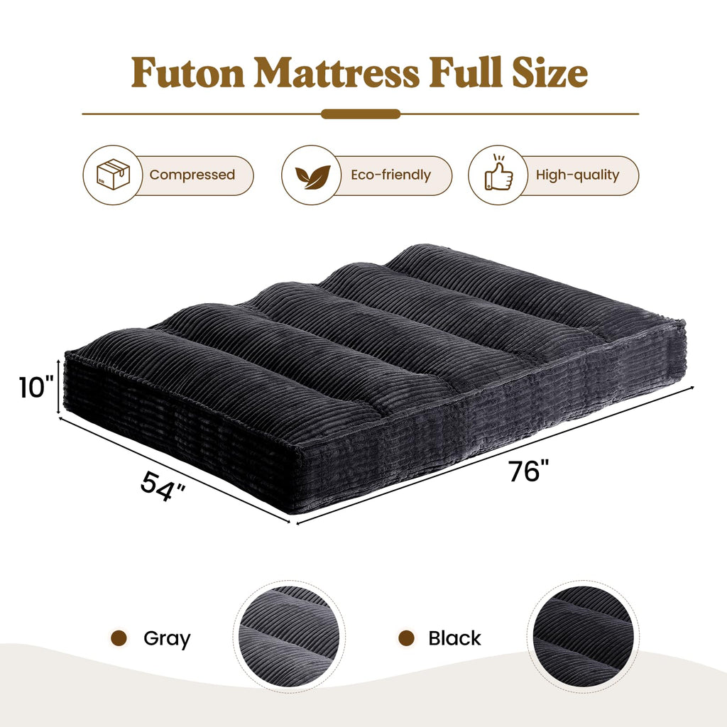 CD01-2,Full Size 10" Ultra Thick Japanese Floor Futon Mattress, Grey (Frame Not Included)