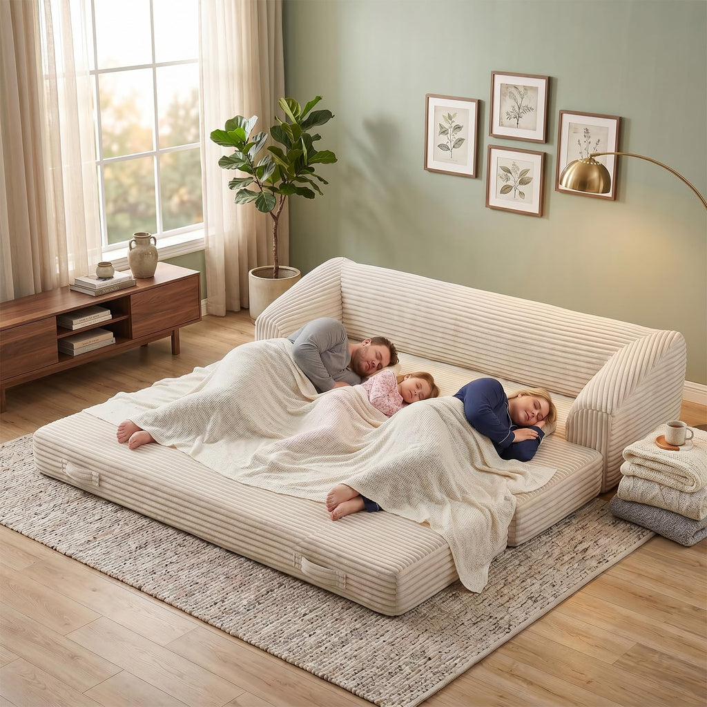 H09,70" 3-in-1 Corduroy Foldable Sofa Bed, Thick Boneless Floor Couch with Handle
