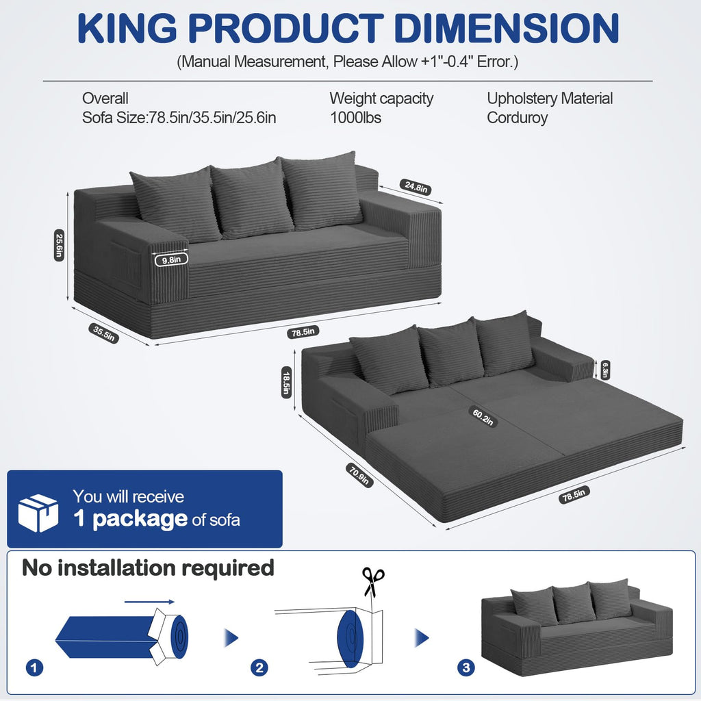 A011,2-in-1 Convertible Corduroy Boneless Sofa Bed, Compression Folding Floor Couch with 3 Pillows