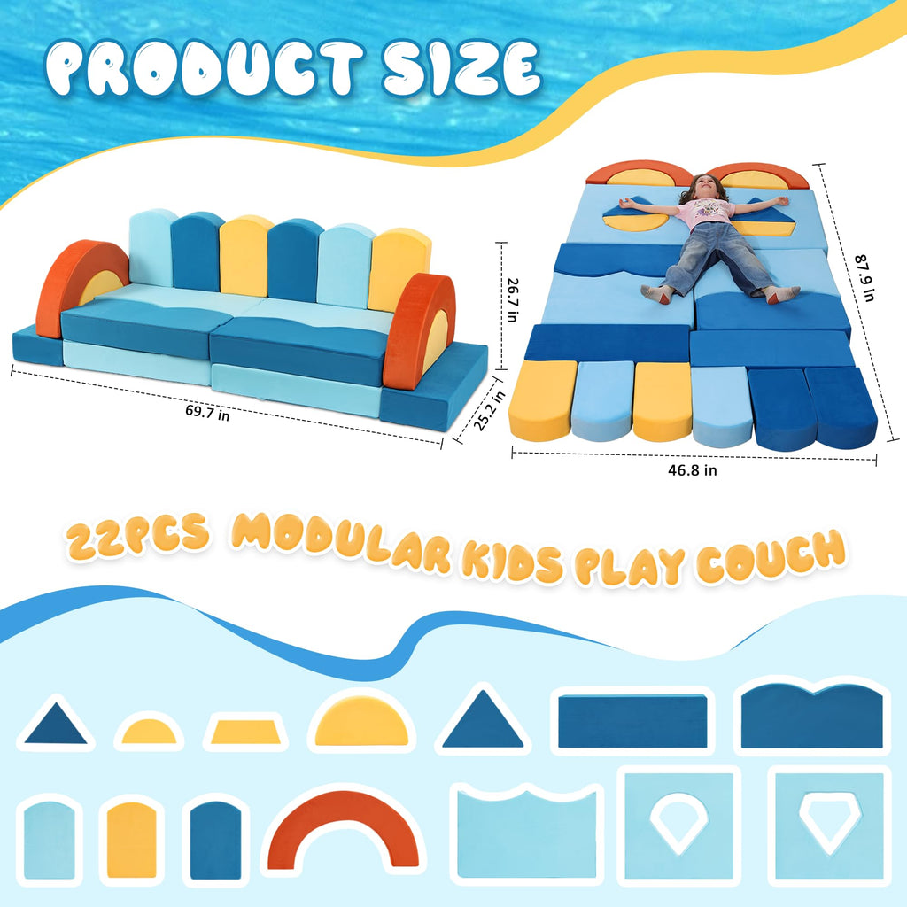 A-017,22Pcs Ocean‑Theme Modular Kids Play Couch, Convertible Fort Sofa Bed