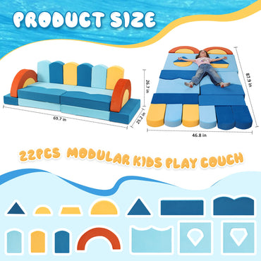 A-017,22Pcs Ocean‑Theme Modular Kids Play Couch, Convertible Fort Sofa Bed