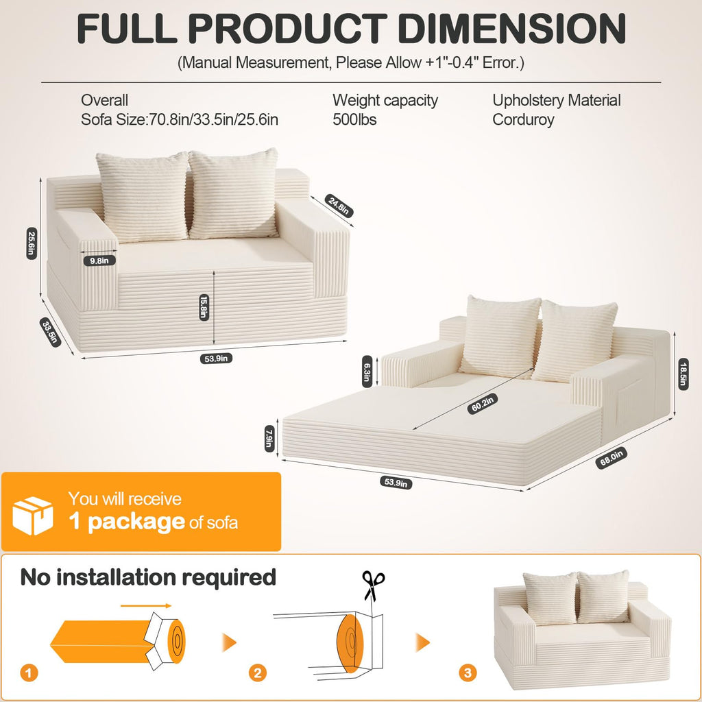 A05,Erament Convertible Corduroy Boneless Sofa Bed, Foldable Floor Futon Loveseat with 2 Pillows