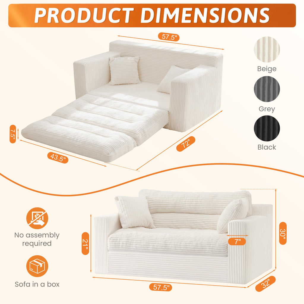 A08,2-in-1 Boneless Loveseat Sofa Bed, Fold Out Floor Couch with Pillows, Beige
