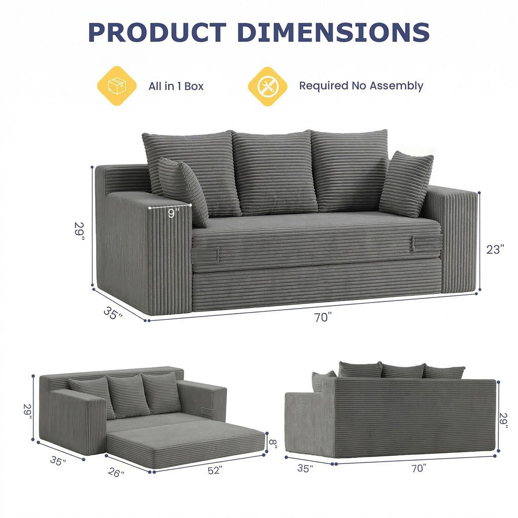 A-007,5-in-1 Convertible Corduroy Boneless Loveseat Sofa Bed with Ottoman, No Assembly