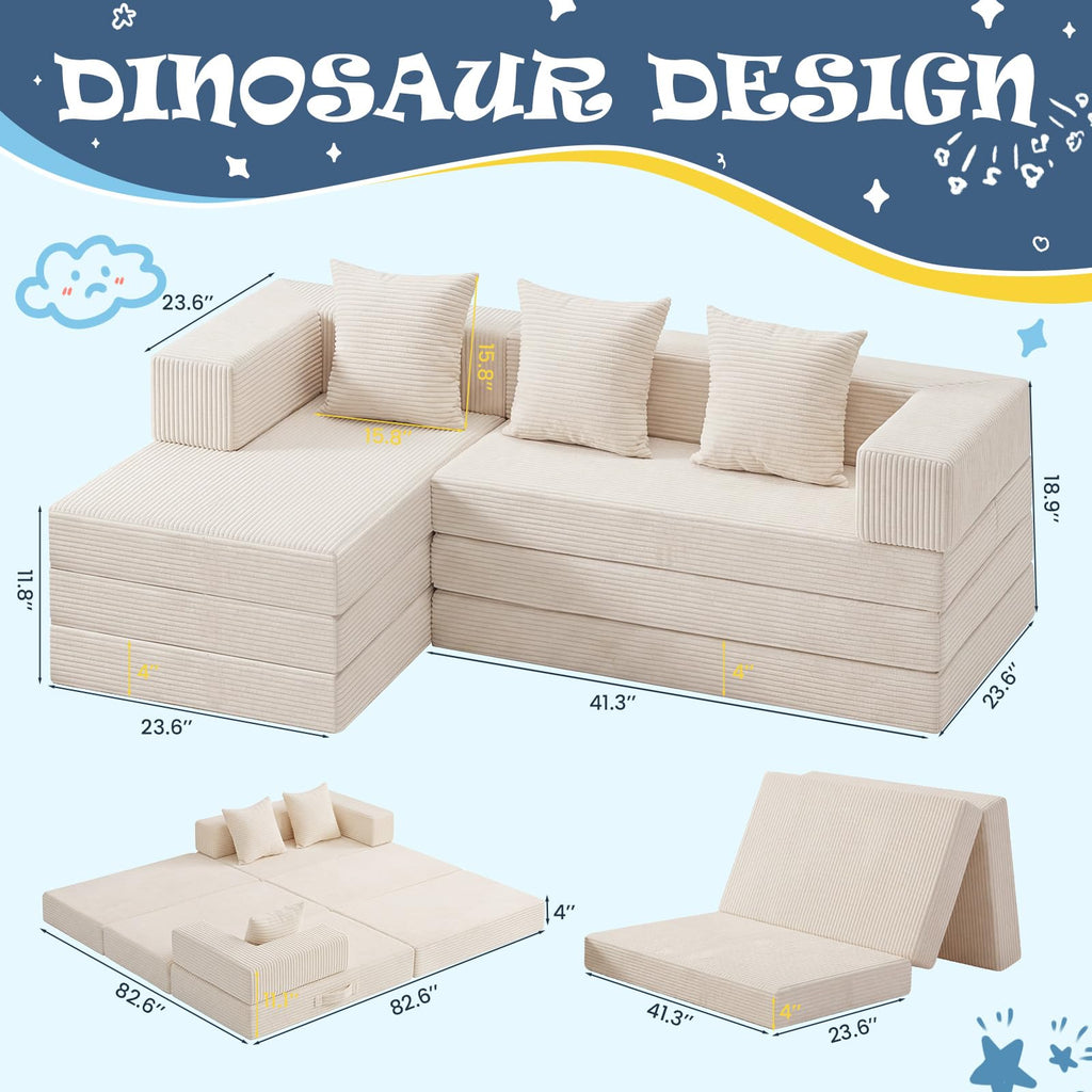 A16,Convertible Modular Kids Play Couch, Soft Corduroy Toddler Sofa Bed with 3 Pillows