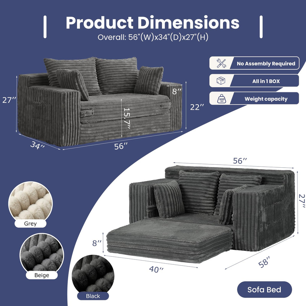 A05,3-in-1 Furry Boneless Sofa Bed, Convertible Loveseat Sleeper with Detachable Cushion & 4 Pillows, No Assembly