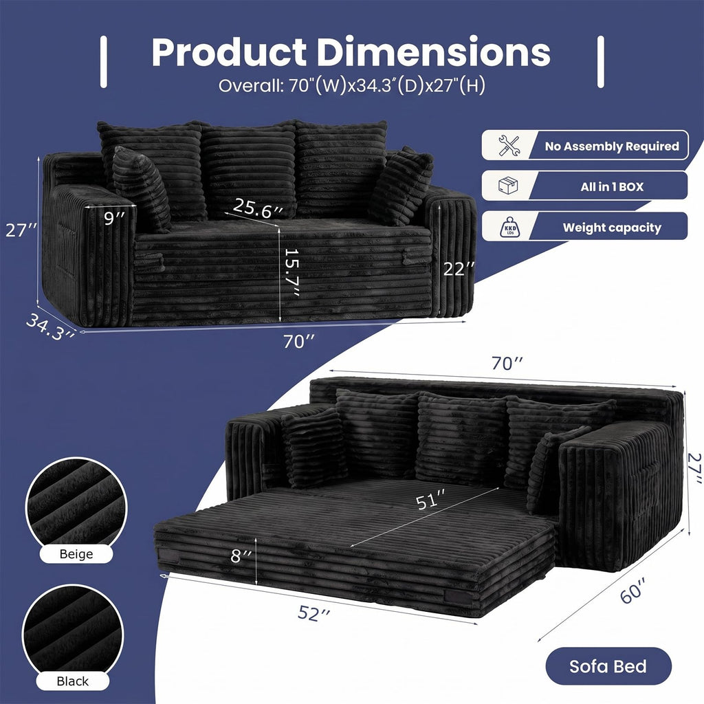 A05,3-in-1 Furry Boneless Sofa Bed, Convertible Loveseat Sleeper with Detachable Cushion & 4 Pillows, No Assembly