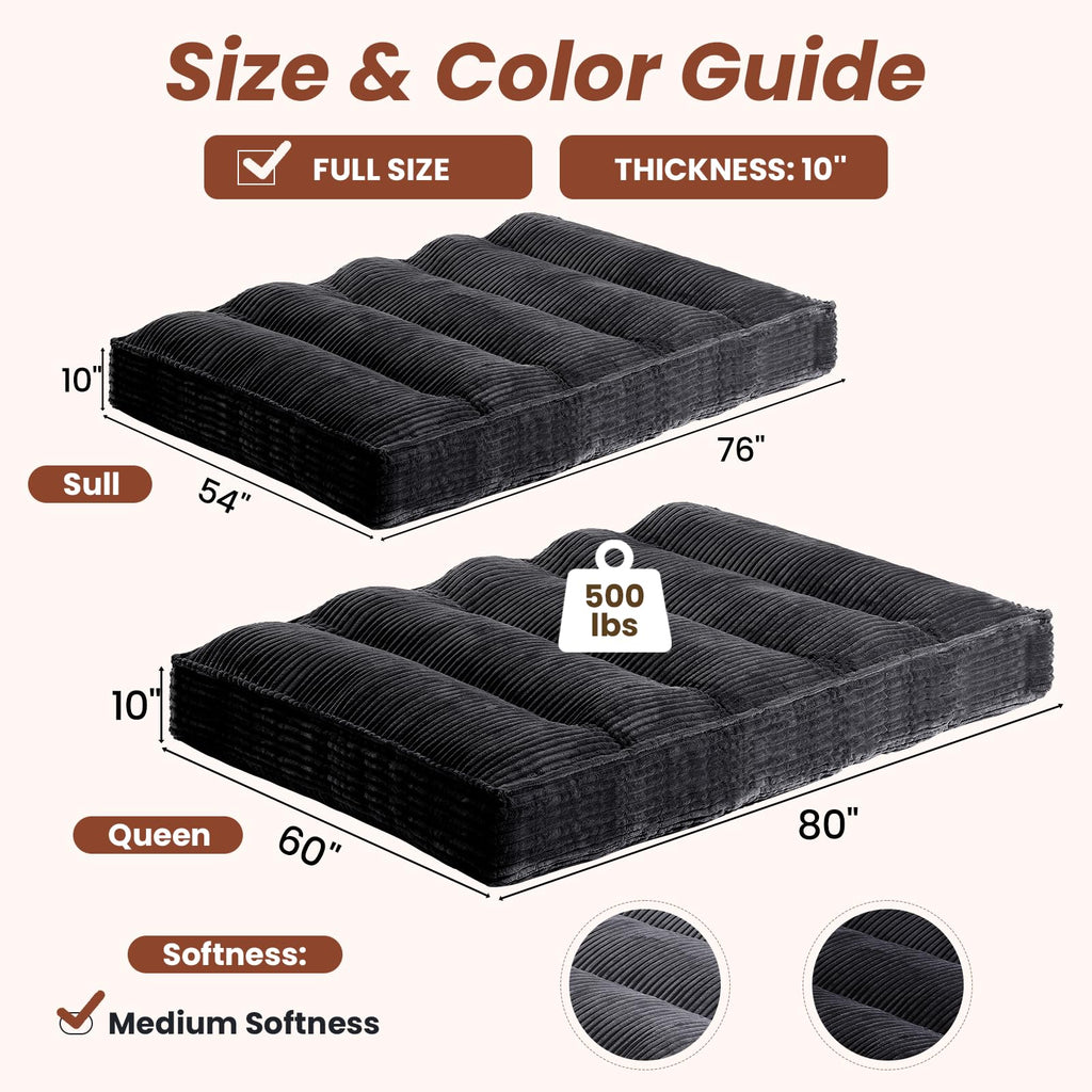 A-012,Full Size 10" Foldable Futon Mattress, Corduroy Shredded Foam Mattress with Straps, Frame Not Included
