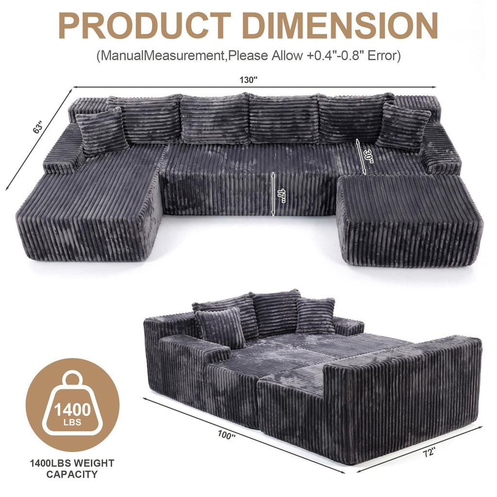 A-002,Oversized U-Shaped Corduroy Cloud Sectional Sofa, Deep Seat Boneless Modular Couch, No Assembly