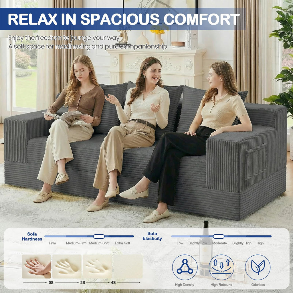 A011,2-in-1 Convertible Corduroy Boneless Sofa Bed, Compression Folding Floor Couch with 3 Pillows