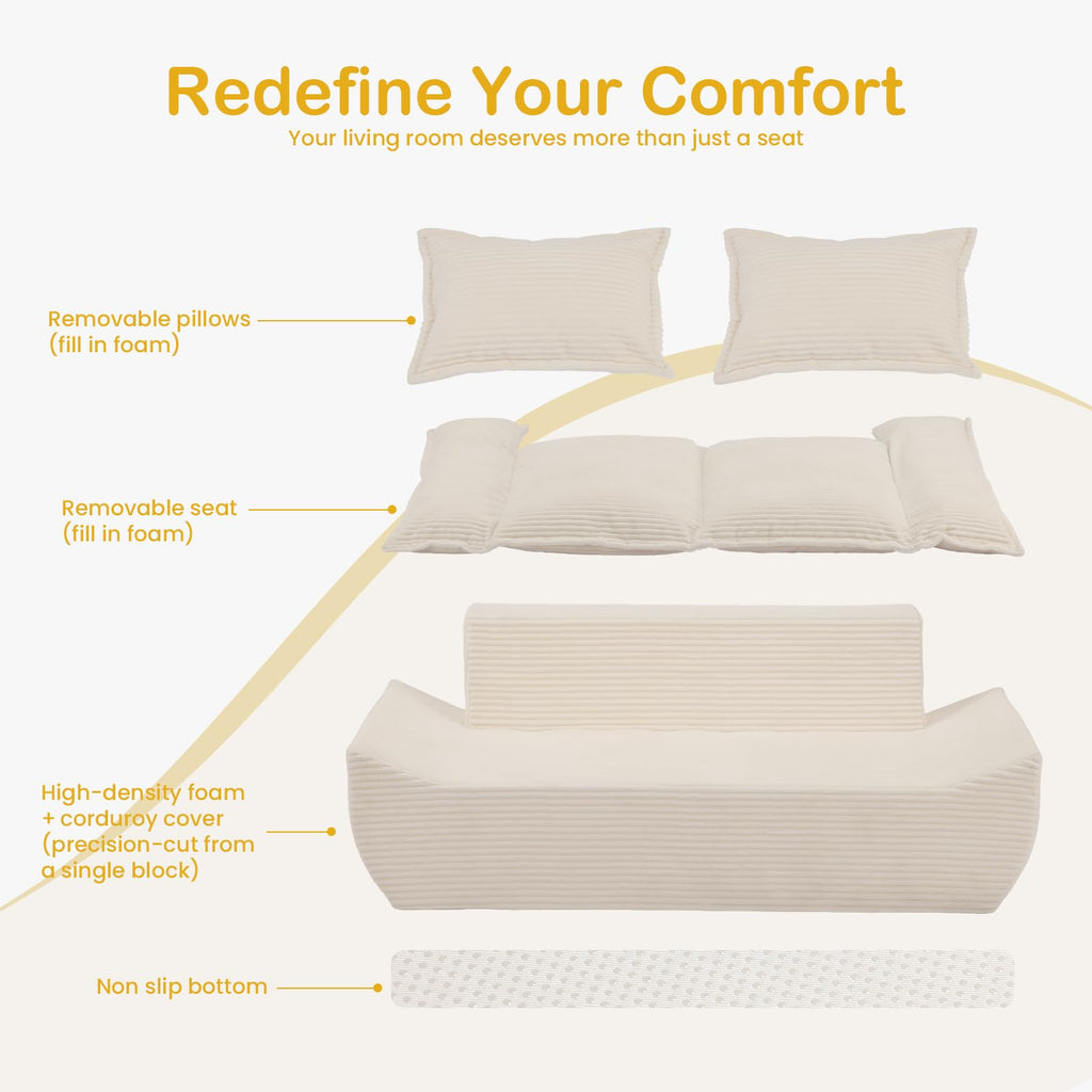 A12,56" 2-Seater Boneless Loveseat, Compressed Foam Couch with Removable Cushions and Pillows