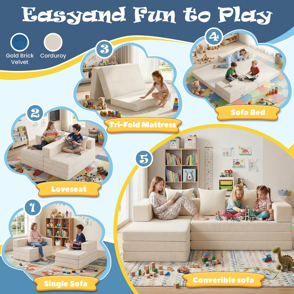 A16,Convertible Modular Kids Play Couch, Soft Corduroy Toddler Sofa Bed with 3 Pillows