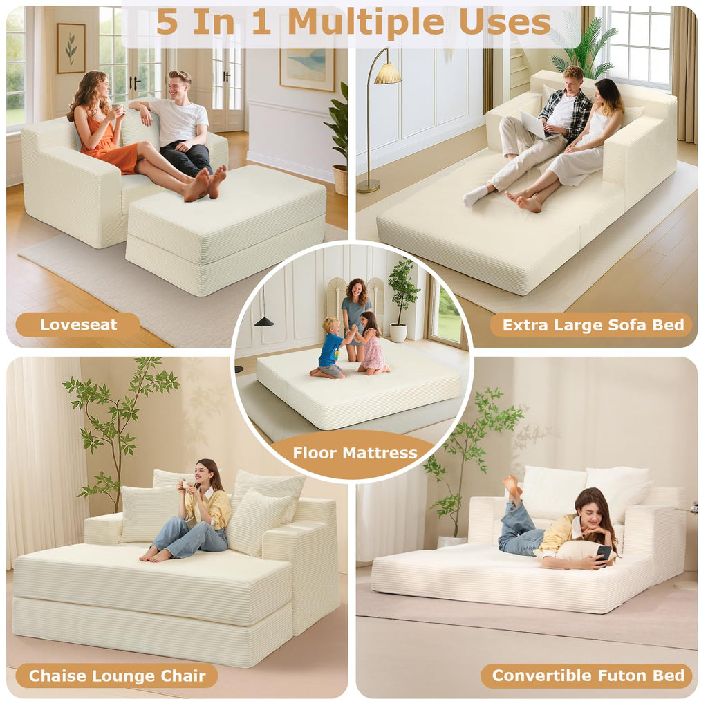 A-014,5 in 1 Corduroy Convertible Futon Sofa Bed with Ottoman, Foldable Chaise Lounge, No Assembly