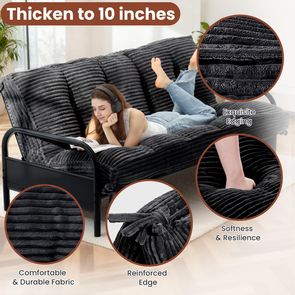 A-012,Full Size 10" Foldable Futon Mattress, Corduroy Shredded Foam Mattress with Straps, Frame Not Included