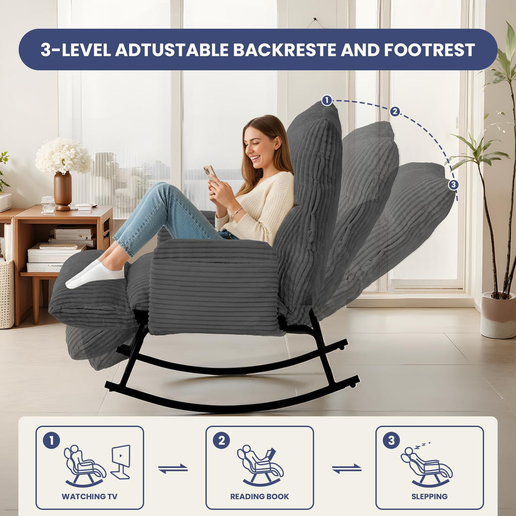 H02,Oversized Corduroy Rocking Chair, Adjustable Backrest & Footrest, Indoor Outdoor Lounge Chair