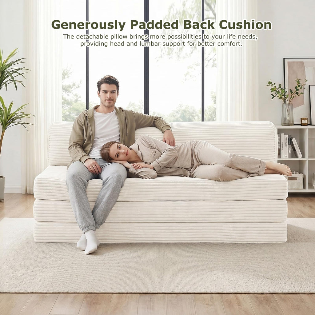 J02,5-in-1 Corduroy Convertible Sofa Bed, Full Size Boneless Loveseat with Washable Cover, Grey