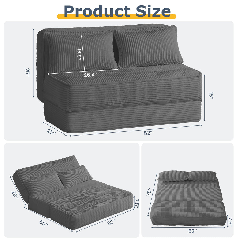 A-003,Convertible Folding Sofa Bed with Fixed Frame, 5-Position Adjustable Backrest, Thick Cushion & 2 Pillows