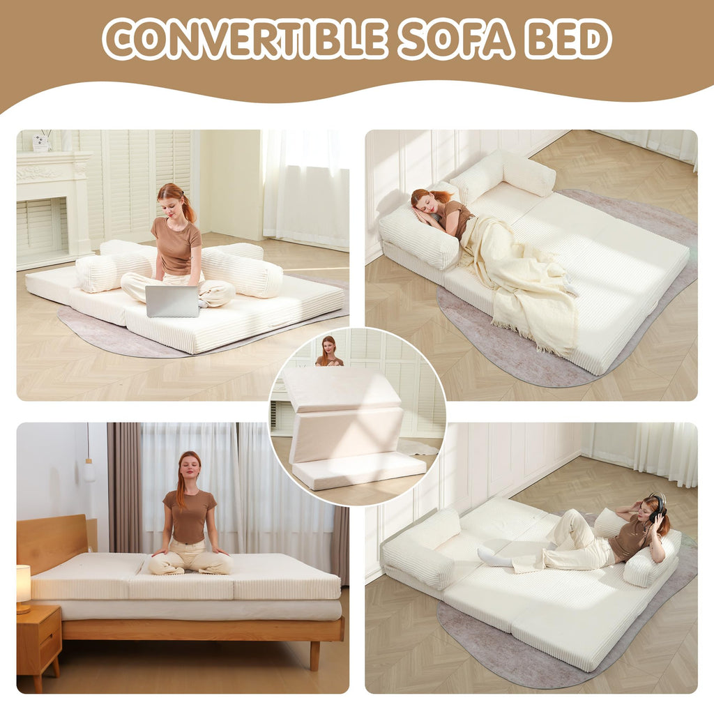 A-006,5-in-1 Convertible Folding Sofa Bed, Tri-Fold Corduroy Boneless Floor Futon with Removable L-Shaped Armrests