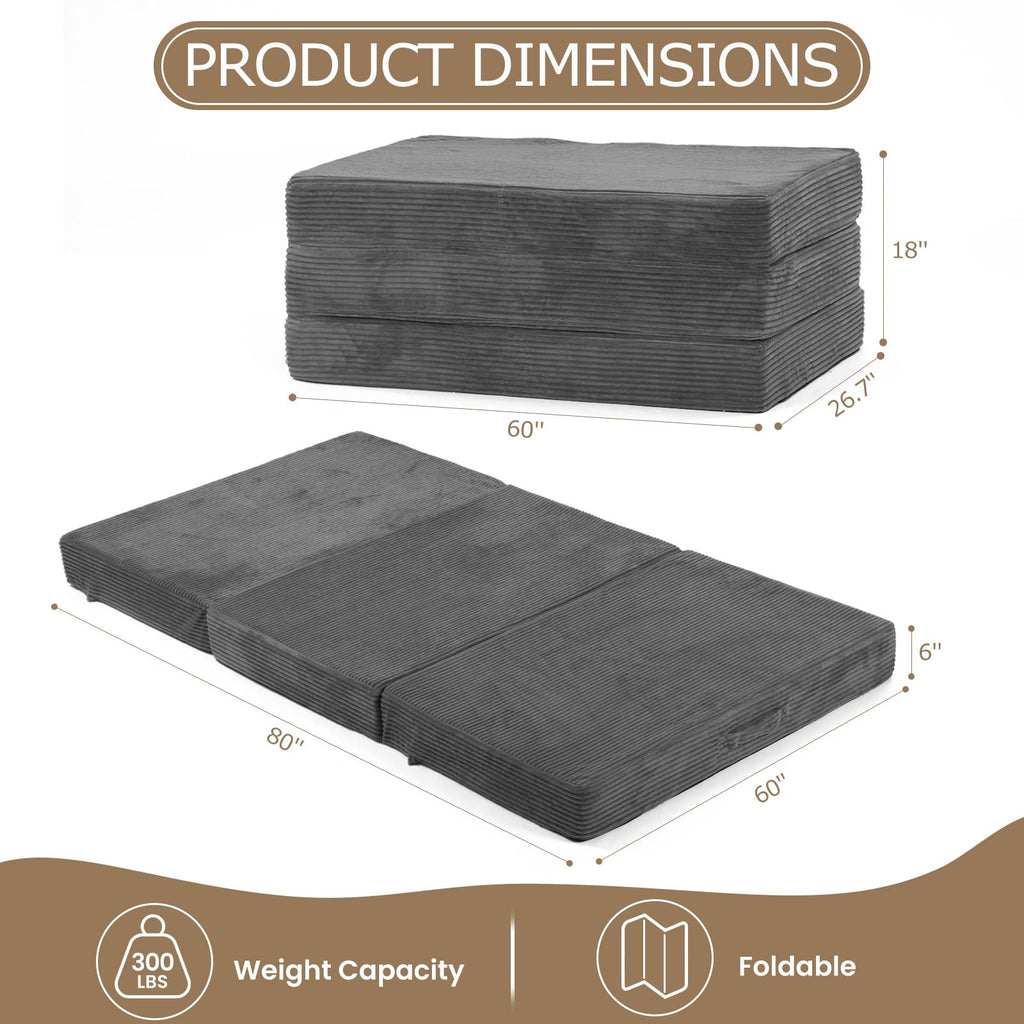 A-008,6" Queen Tri-Fold Futon Mattress, Foldable Sofa Bed, Washable Cover, Non-Slip Base & Carry Handles