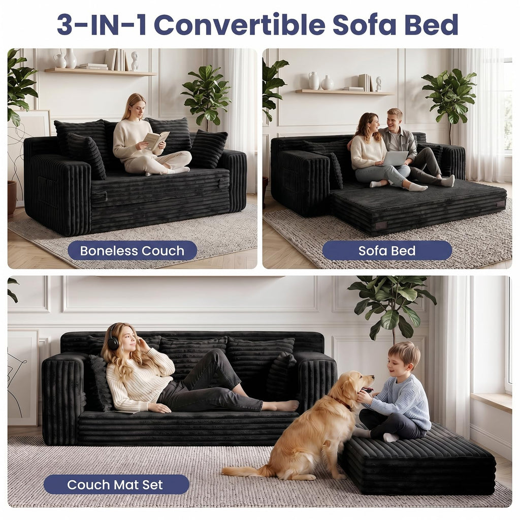 A05,3-in-1 Furry Boneless Sofa Bed, Convertible Loveseat Sleeper with Detachable Cushion & 4 Pillows, No Assembly