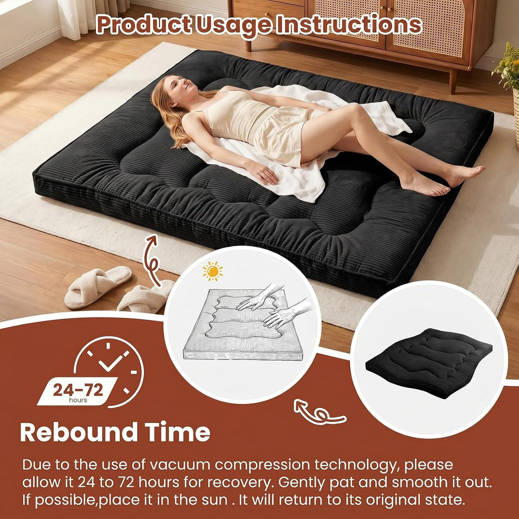 A-010,Full Size 4" Japanese Corduroy Futon Mattress, Foldable Roll-Up Floor Tatami Mat, Black