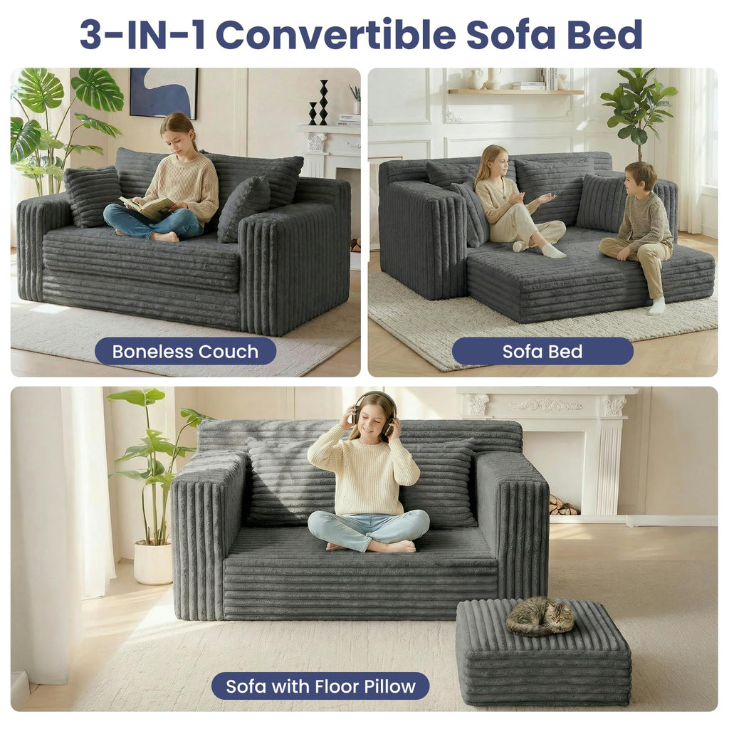 A05,3-in-1 Furry Boneless Sofa Bed, Convertible Loveseat Sleeper with Detachable Cushion & 4 Pillows, No Assembly