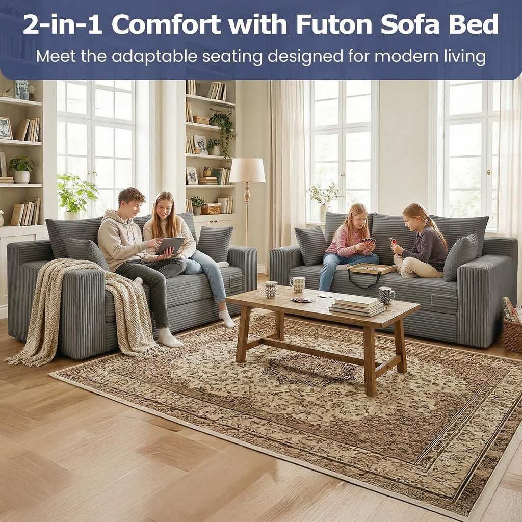 A-007,5-in-1 Convertible Corduroy Boneless Loveseat Sofa Bed with Ottoman, No Assembly