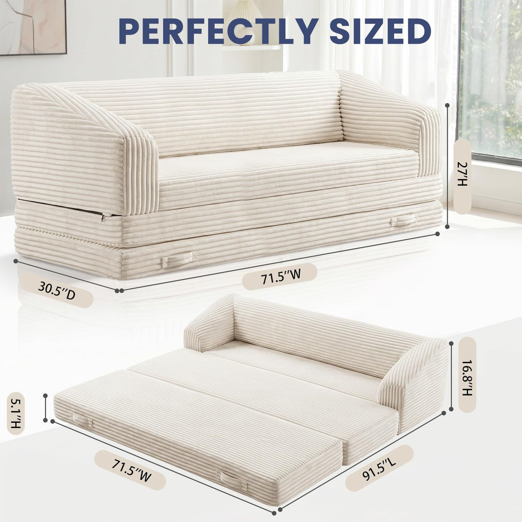 H09,70" 3-in-1 Corduroy Foldable Sofa Bed, Thick Boneless Floor Couch with Handle