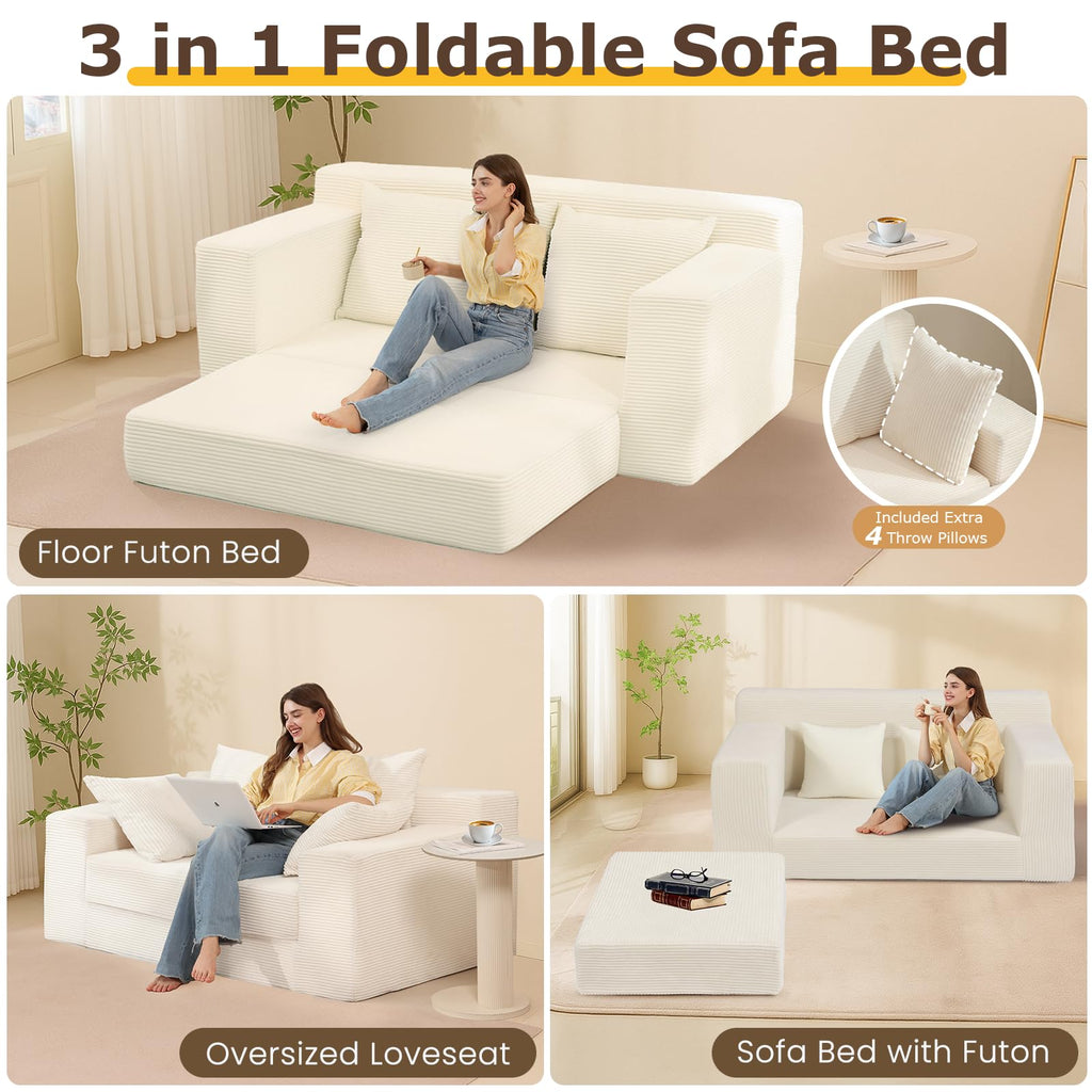 A-007,5-in-1 Convertible Corduroy Boneless Loveseat Sofa Bed with Ottoman, No Assembly