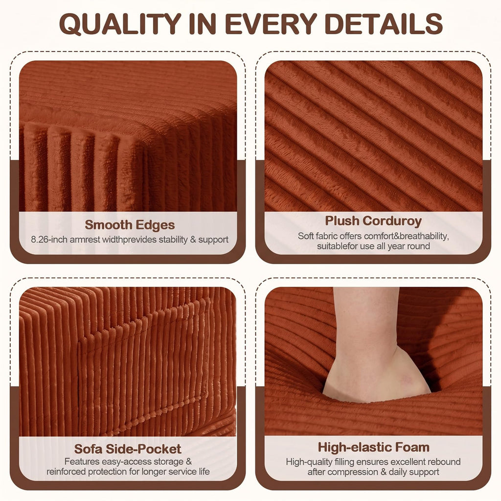 A011,2-in-1 Convertible Corduroy Boneless Sofa Bed, Compression Folding Floor Couch with 3 Pillows