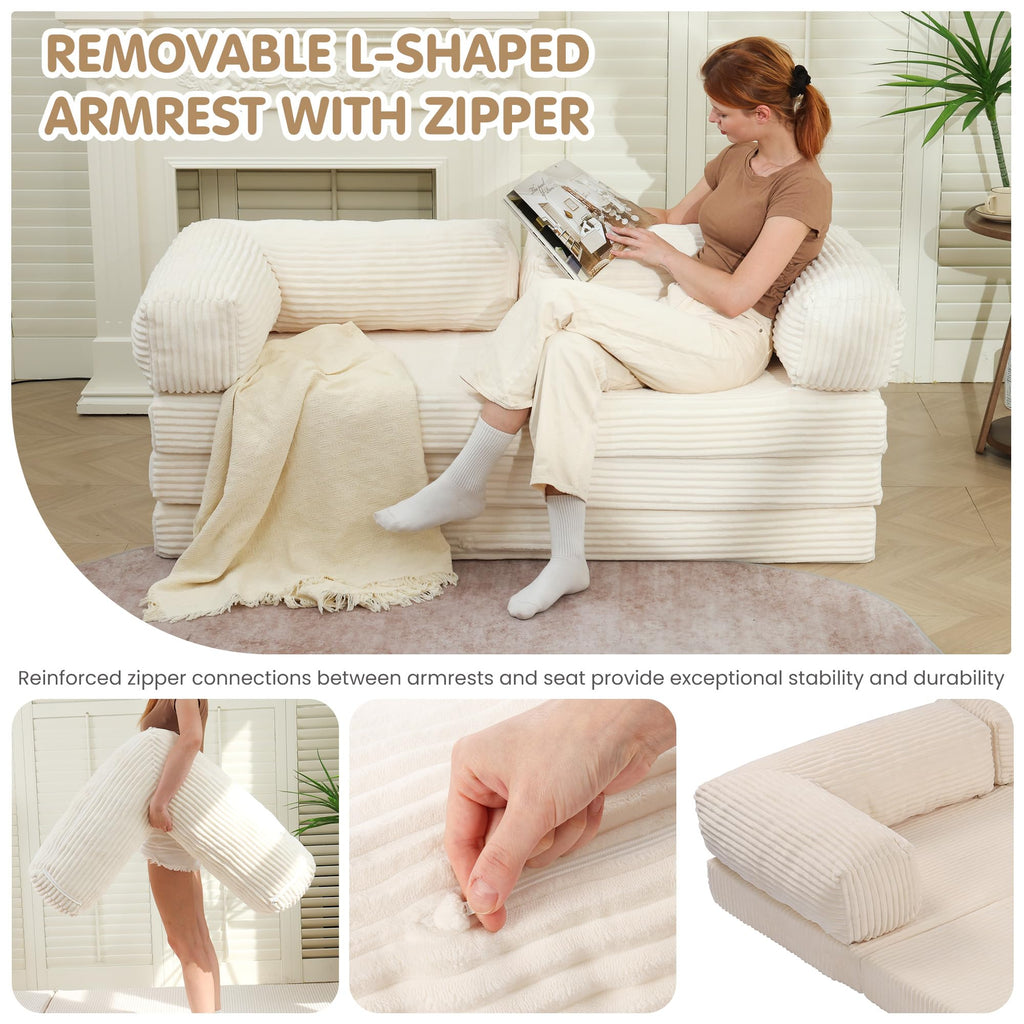 A-006,5-in-1 Convertible Folding Sofa Bed, Tri-Fold Corduroy Boneless Floor Futon with Removable L-Shaped Armrests