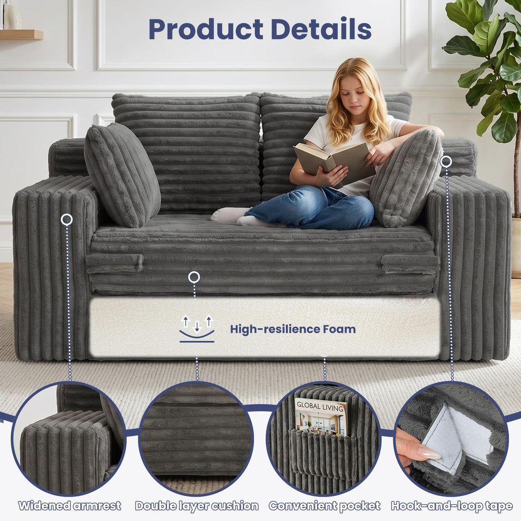A05,3-in-1 Furry Boneless Sofa Bed, Convertible Loveseat Sleeper with Detachable Cushion & 4 Pillows, No Assembly