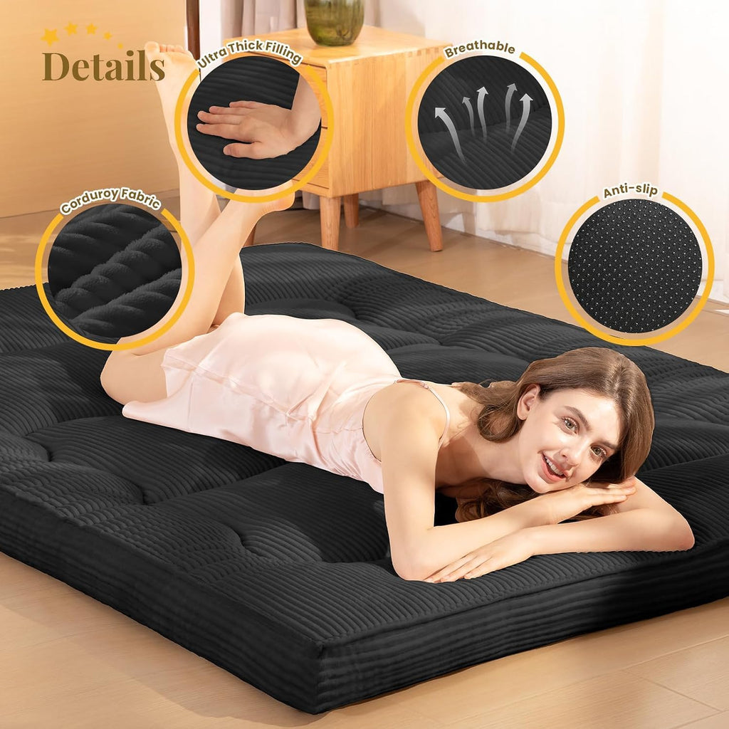 A-010,Full Size 4" Japanese Corduroy Futon Mattress, Foldable Roll-Up Floor Tatami Mat, Black