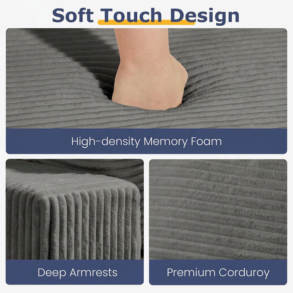 A-007,5-in-1 Convertible Corduroy Boneless Loveseat Sofa Bed with Ottoman, No Assembly