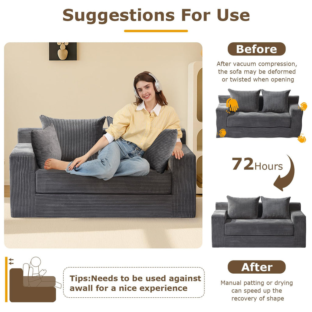 A-007,5-in-1 Convertible Corduroy Boneless Loveseat Sofa Bed with Ottoman, No Assembly