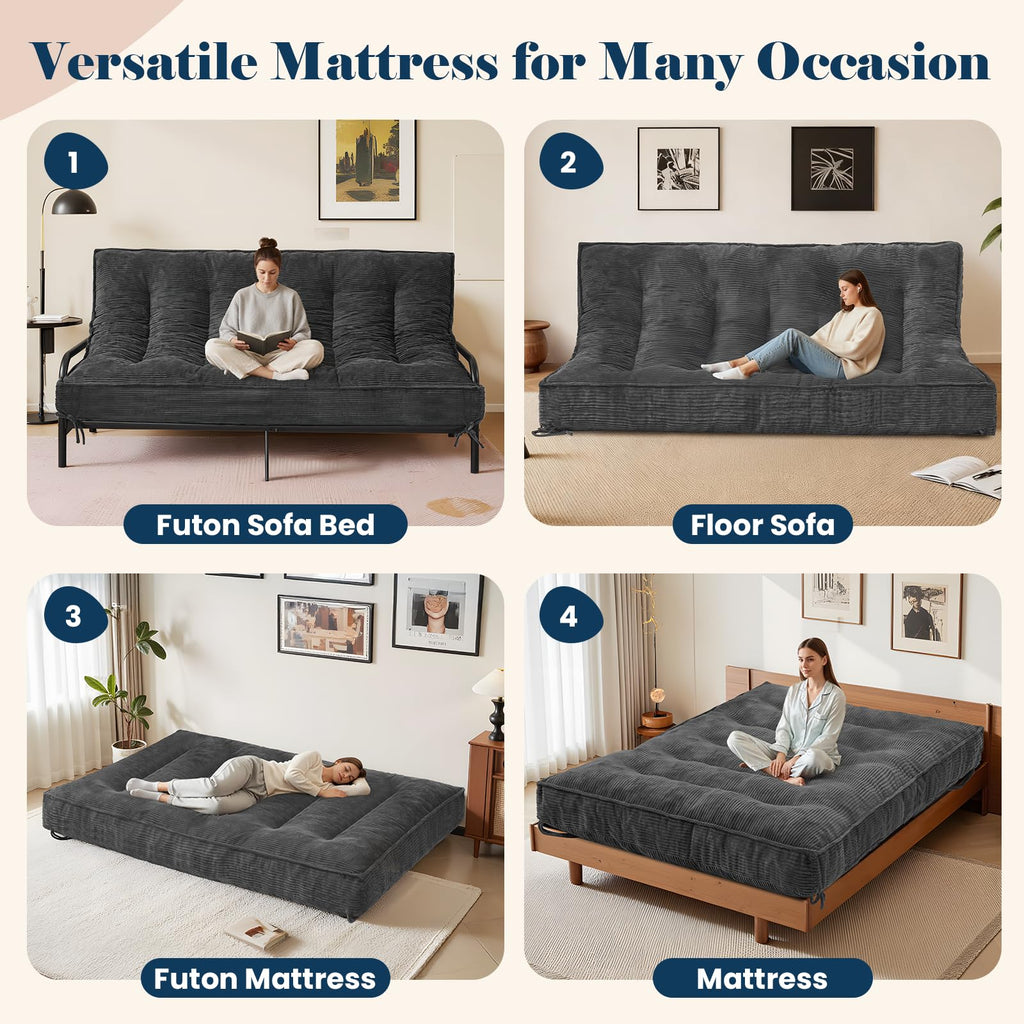 A-005,8" Twin Foldable Futon Mattress, Corduroy Floor Sofa Bed with High Resilience Foam & 2 Storage Straps