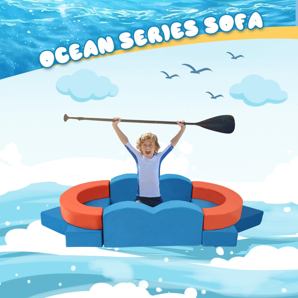 A-017,22Pcs Ocean‑Theme Modular Kids Play Couch, Convertible Fort Sofa Bed