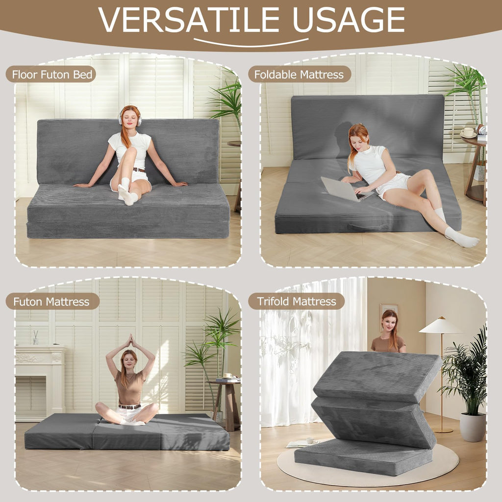 A-008,6" Queen Tri-Fold Futon Mattress, Foldable Sofa Bed, Washable Cover, Non-Slip Base & Carry Handles
